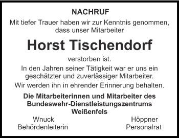Traueranzeige von Horst Tischendorf von Ostthüringer Zeitung