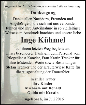Traueranzeige von Inge Kühmel von Ostthüringer Zeitung, Thüringische Landeszeitung