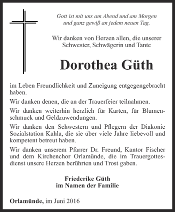 Traueranzeige von Dorothea Güth von Ostthüringer Zeitung, Thüringische Landeszeitung