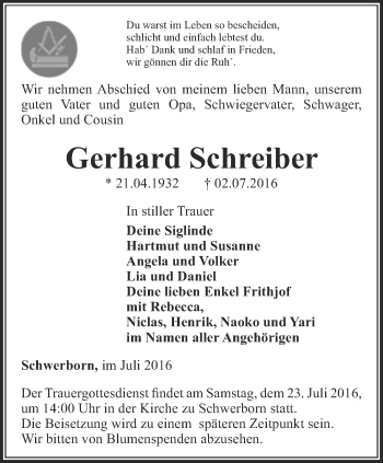 Traueranzeige von Gerhard Schreiber von Thüringer Allgemeine, Thüringische Landeszeitung