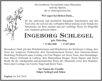 Traueranzeige von Ingeborg Schlegel von Ostthüringer Zeitung