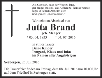 Traueranzeige von Jutta Brand von Ostthüringer Zeitung, Thüringische Landeszeitung