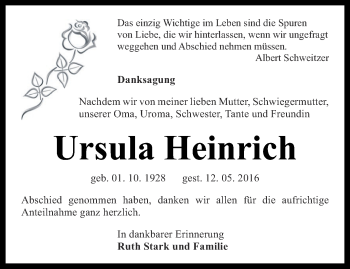 Traueranzeige von Ursula Heinrich von Ostthüringer Zeitung