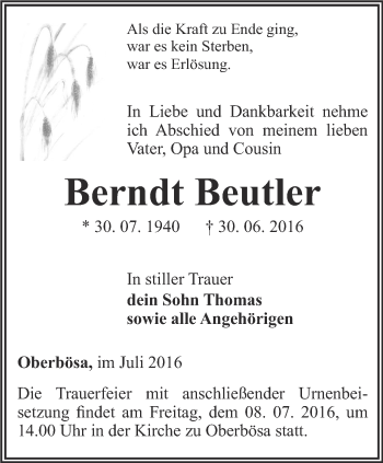 Traueranzeige von Berndt Beutler von Thüringer Allgemeine