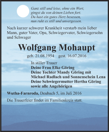 Traueranzeige von Wolfgang Mohaupt von Thüringer Allgemeine, Thüringische Landeszeitung