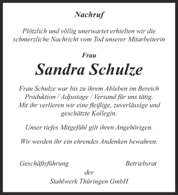 Traueranzeige von Sandra Schulze von Ostthüringer Zeitung