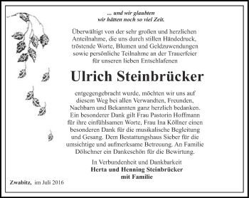 Traueranzeige von Ulrich Steinbrücker von Ostthüringer Zeitung, Thüringische Landeszeitung