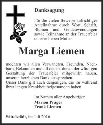 Traueranzeige von Marga Liemen von Ostthüringer Zeitung, Thüringische Landeszeitung