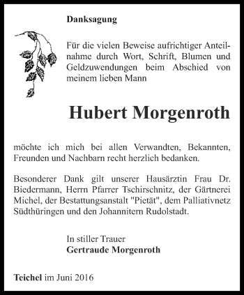 Traueranzeige von Hubert Morgenroth von Ostthüringer Zeitung