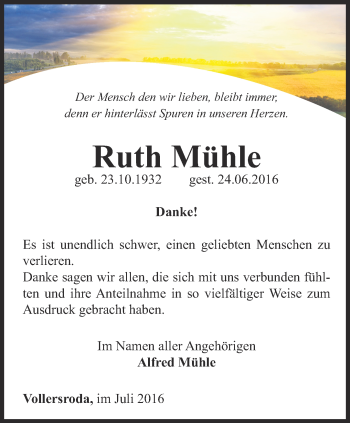 Traueranzeige von Ruth Mühle von Thüringer Allgemeine, Thüringische Landeszeitung