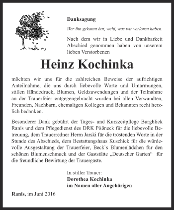 Traueranzeige von Heinz Kochinka von Ostthüringer Zeitung