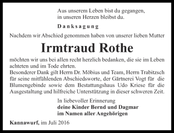 Traueranzeige von Irmtraud Rothe von Thüringer Allgemeine
