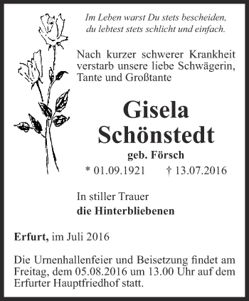 Traueranzeige von Gisela Schönstedt von Thüringer Allgemeine, Thüringische Landeszeitung