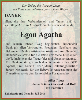 Traueranzeige von Egon Agatha von Thüringer Allgemeine, Thüringische Landeszeitung