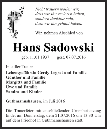 Traueranzeige von Hans Sadowski von Thüringer Allgemeine