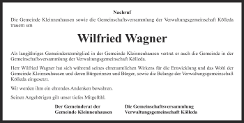 Traueranzeige von Wilfried Wagner von Thüringer Allgemeine