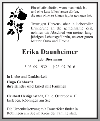 Traueranzeige von Erika Daunheimer von Thüringer Allgemeine