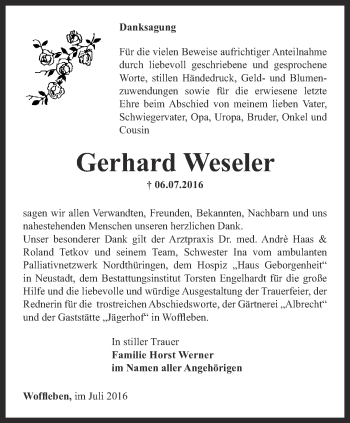 Traueranzeige von Gerhard Weseler von Thüringer Allgemeine