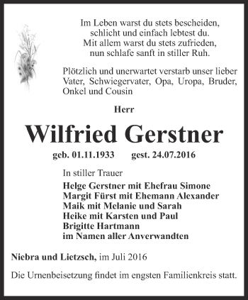 Traueranzeigen Von Wilfried Gerstner | Trauer-in-thueringen.de