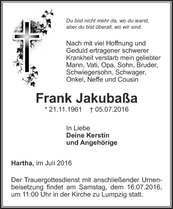 Traueranzeige von Frank Jakubaßa von Ostthüringer Zeitung