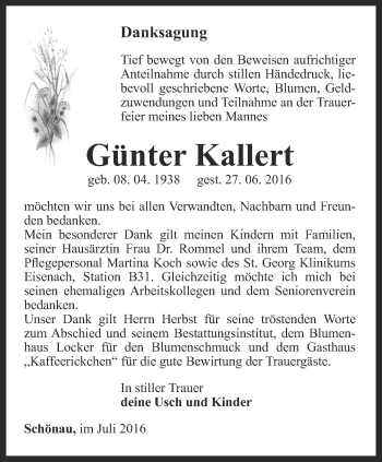 Traueranzeige von Günter Kallert von Thüringer Allgemeine, Thüringische Landeszeitung