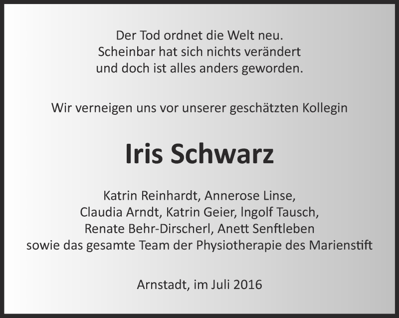  Traueranzeige für Iris Schwarz vom 08.07.2016 aus Thüringer Allgemeine