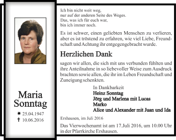 Traueranzeige von Maria Sonntag von Thüringer Allgemeine