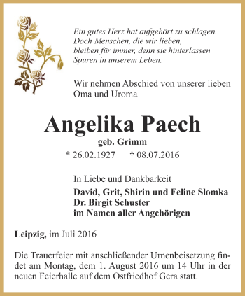 Traueranzeige von Angelika Paech von Ostthüringer Zeitung