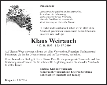 Traueranzeige von Klaus Weirauch von Ostthüringer Zeitung