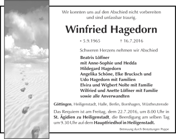 Traueranzeige von Winfried Hagedorn von Thüringer Allgemeine