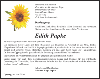 Traueranzeige von Edith Papke von Ostthüringer Zeitung