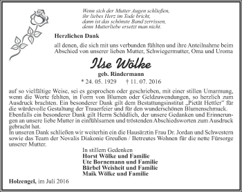 Traueranzeige von Ilse Wölke von Thüringer Allgemeine