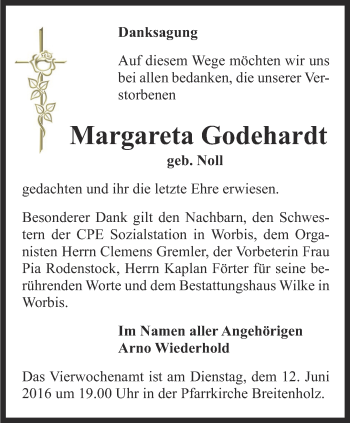 Traueranzeige von Margareta Godehardt von Thüringer Allgemeine