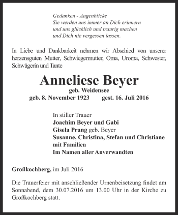 Traueranzeige von Anneliese Beyer von Ostthüringer Zeitung