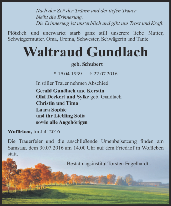 Traueranzeige von Waltraud Grundlach von Thüringer Allgemeine