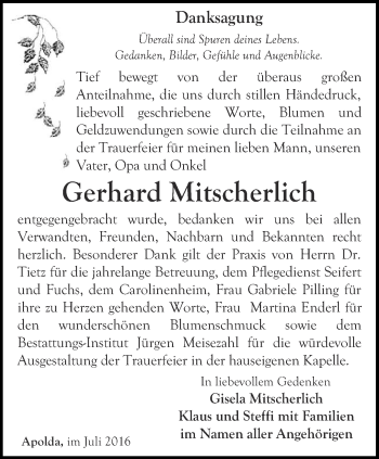 Traueranzeige von Gerhard Mitscherlich von Thüringer Allgemeine, Thüringische Landeszeitung
