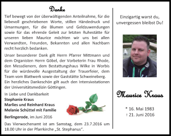 Traueranzeige von Maurice Kraus von Thüringer Allgemeine