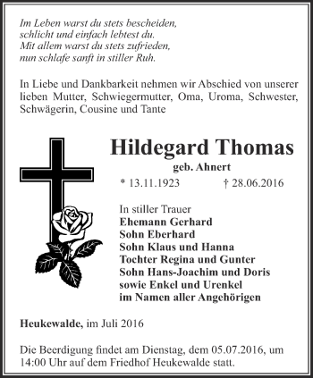 Traueranzeige von Hildegard Thomas von Ostthüringer Zeitung