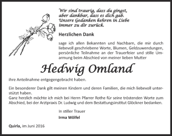 Traueranzeige von Hedwig Omland von Ostthüringer Zeitung