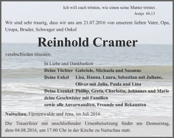 Traueranzeige von Reinhold Cramer von Ostthüringer Zeitung