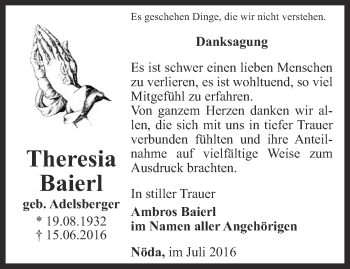 Traueranzeige von Theresia Baierl von Thüringer Allgemeine, Thüringische Landeszeitung