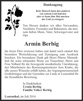 Traueranzeige von Armin Berbig von Thüringer Allgemeine, Thüringische Landeszeitung