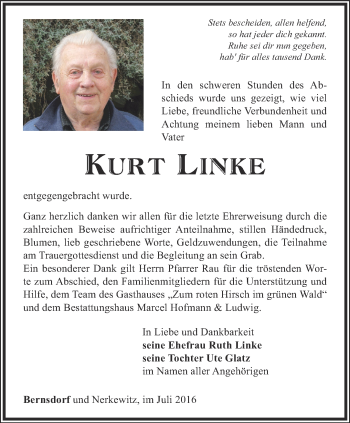 Traueranzeige von Kurt Linke von Ostthüringer Zeitung