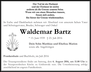 Traueranzeige von Waldemar Bartz von Thüringer Allgemeine