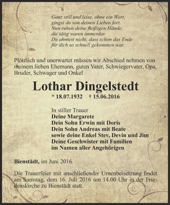 Traueranzeige von Lothar Dingelstedt von Thüringer Allgemeine, Thüringische Landeszeitung