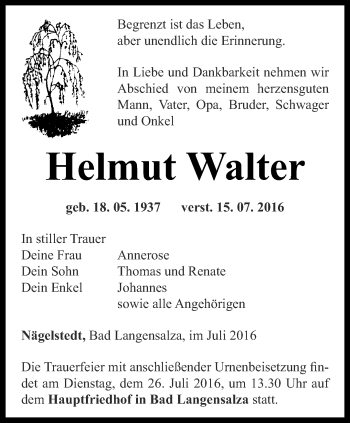 Traueranzeige von Helmut Walter von Thüringer Allgemeine, Thüringische Landeszeitung