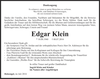 Traueranzeige von Edgar Klein von Thüringer Allgemeine