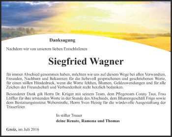 Traueranzeige von Siegfried Wagner von Ostthüringer Zeitung