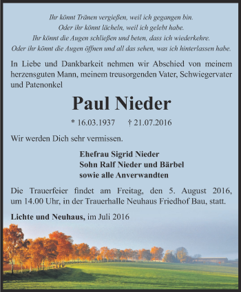 Traueranzeige von Paul Nieder von Ostthüringer Zeitung