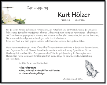 Traueranzeige von Kurt Hölzer von Ostthüringer Zeitung